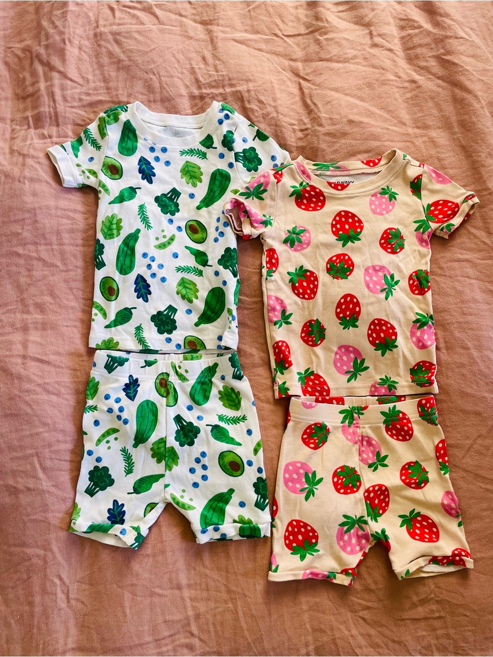 Old Navy Green Veggie & Pink Strawberry Short Pajama Sets
